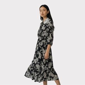 Red + Olive Floral Black and White Midi Dress with Delicate Lace Collar, size XL